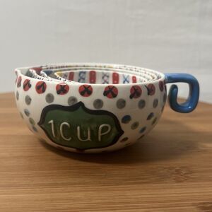 Set Of 4 Anthropology Nesting Ceramic Measuring Cups 1 Cup, 1/2, 1/3, & 1/4 Cups